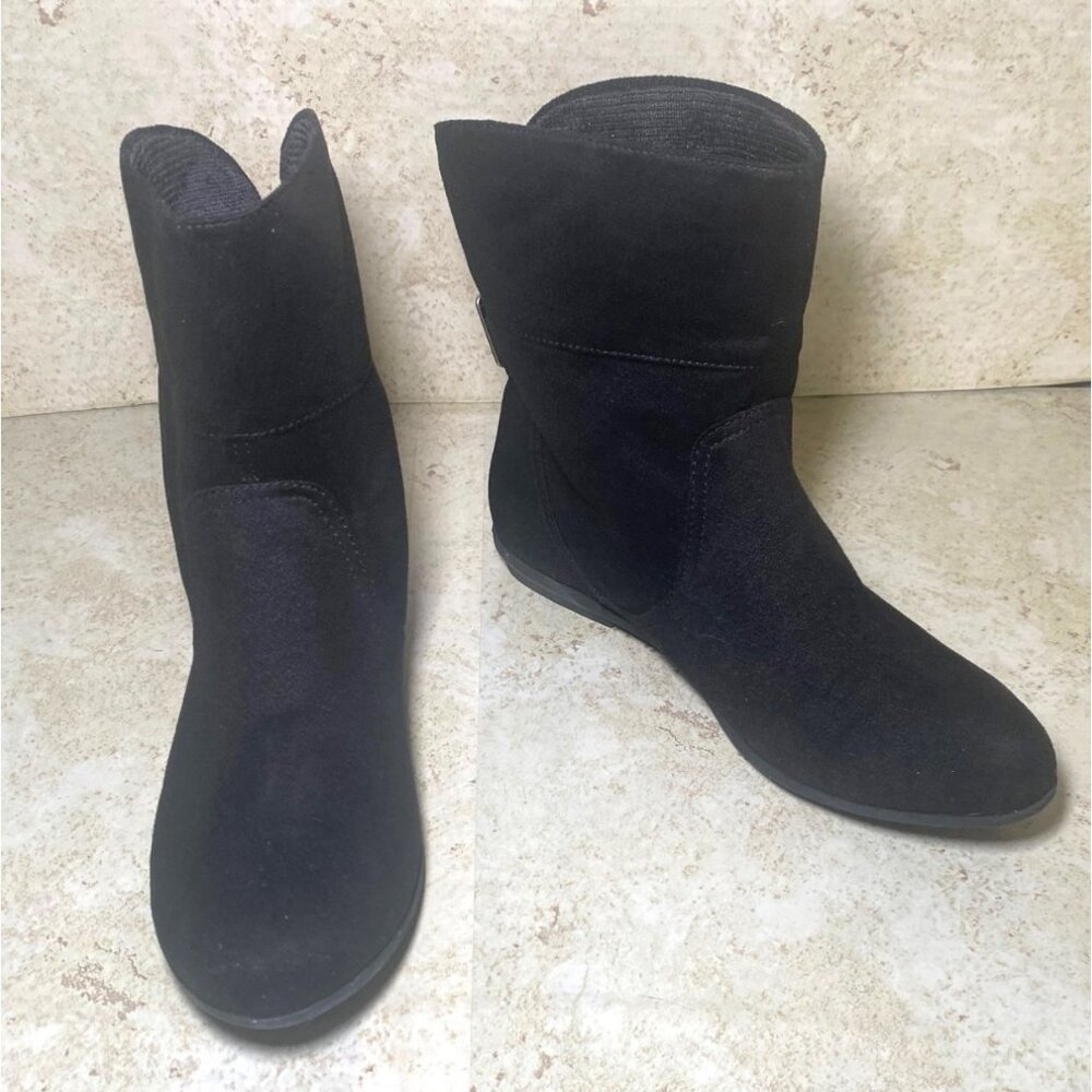 Black Faux Suede Slip On Ankle Boots With Buckle Detail & Rubber Sole